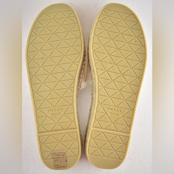 Prada Gold Triangle Logo Avorio White Leather Espadrille Slide Sandal Flat 37 - Picture 16 of 16